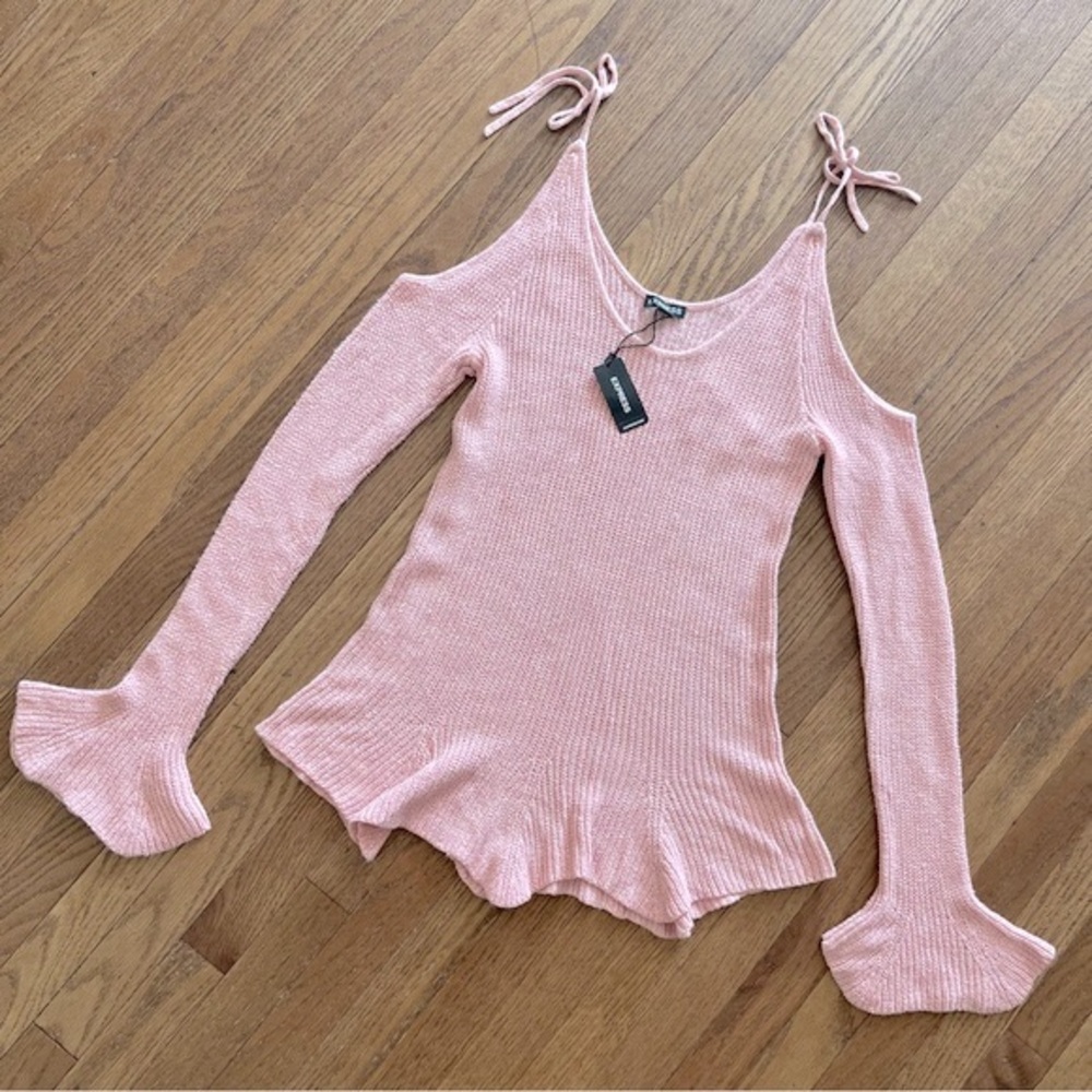 Express Long Bell Sleeve Cold Shoulder Tie Detail Pink Nude Color Size Medium